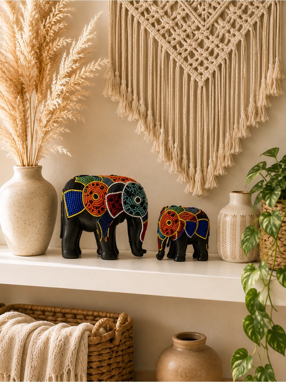 Set of 2 Hand Carved Wooden Beaded Elephant Figurines